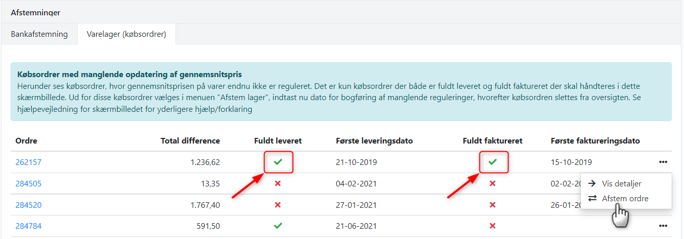 Afstemning af difference på ubetalt lager i Xena