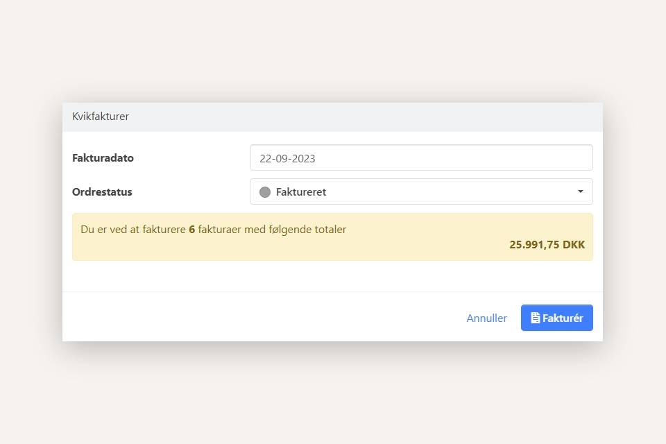 Dialog dervises for bekræftelse af kvikfakturering af markerede ordrer i Xena