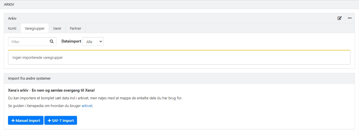 Sådan ser arkiv-skærmbilledet ud i Xena