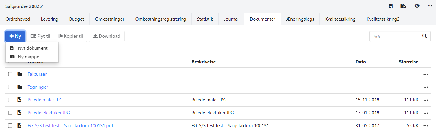 Dokumenter og dokumentmapper på en ordre i Xena