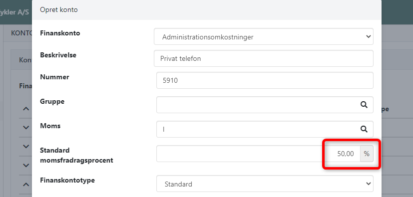 Indtast momsfradragsprocent på en finanskonto i Xena