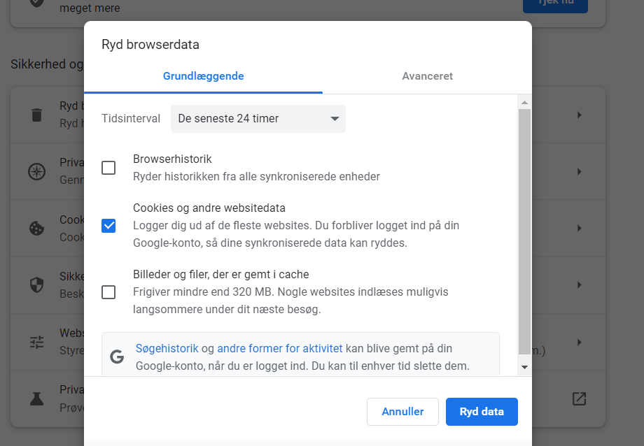 Ryd browserdata gemt i Chrome