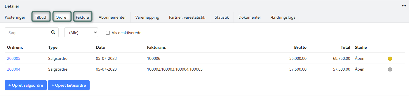 Ordreoversigten for en partner i Xena