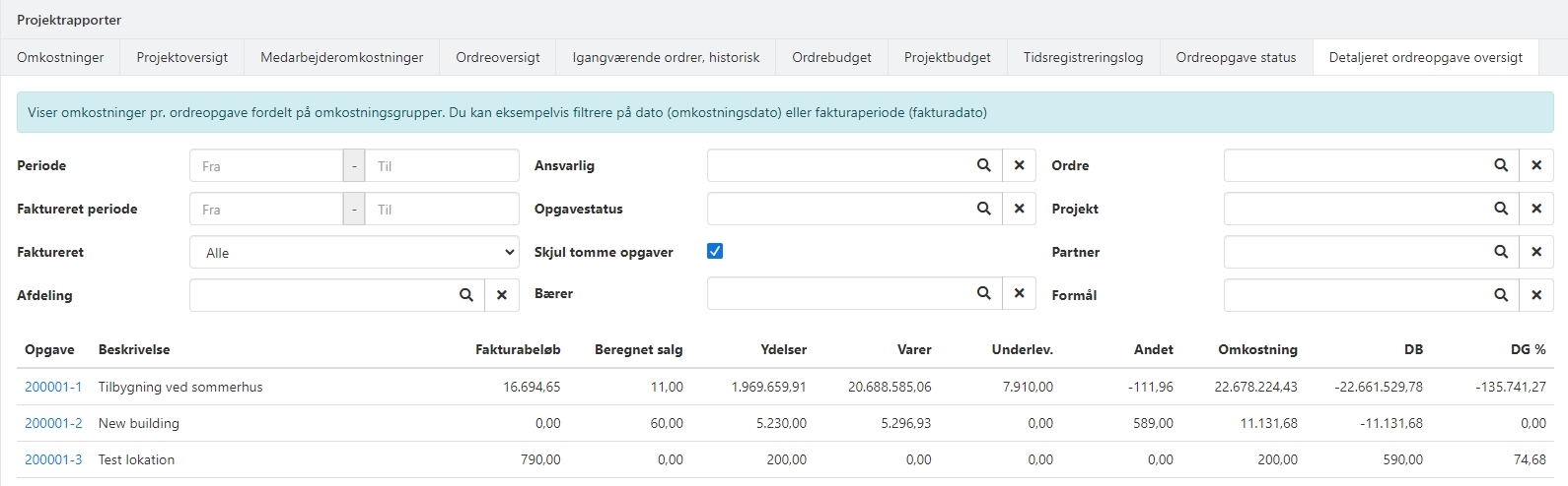 Eksempel på projektrapporten Detaljeret ordreopgave oversigt i Xena