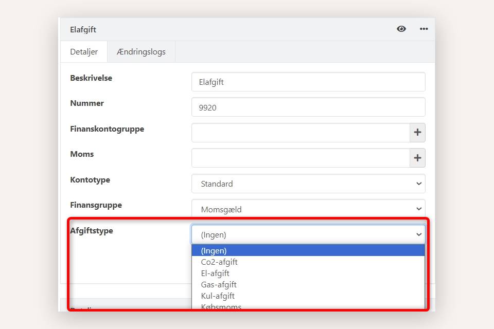 Vælg afgiftstype på konti i gruppen Momsgæld i Xena