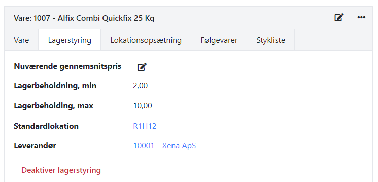 Her ses varen med lagerstyring aktiveret i Xena
