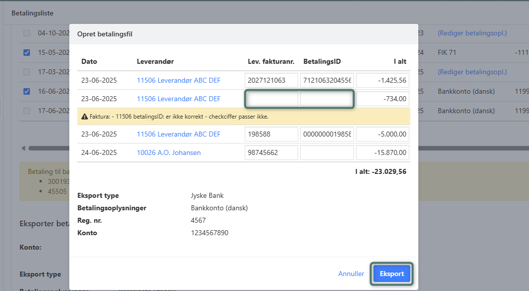 Eksport af betalingsfil til banken fra Xena