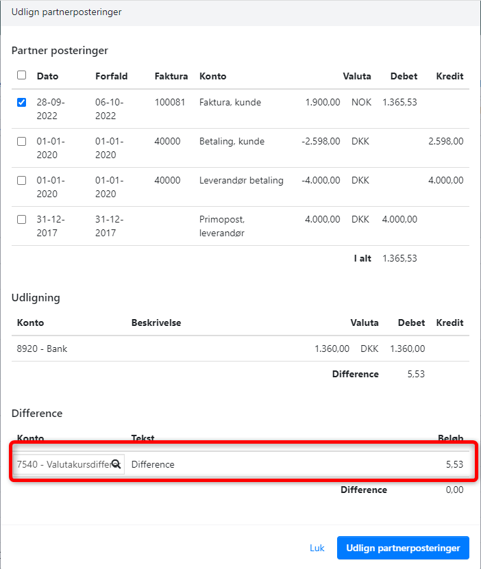 Bogfør kursdiff ved udligning af parnerpost i kassekladden i Xena