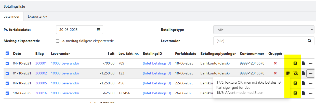 Note og parkeringsmarkering i betalingslisten i Xena