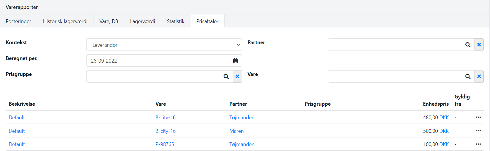 Udskriv rapporten Prisaftaler i Xena