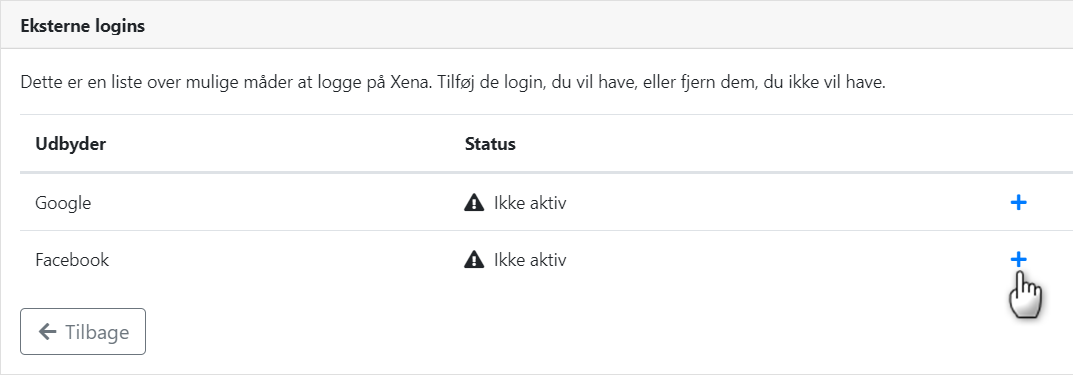 Opret login via Google eller Facebook i Xena