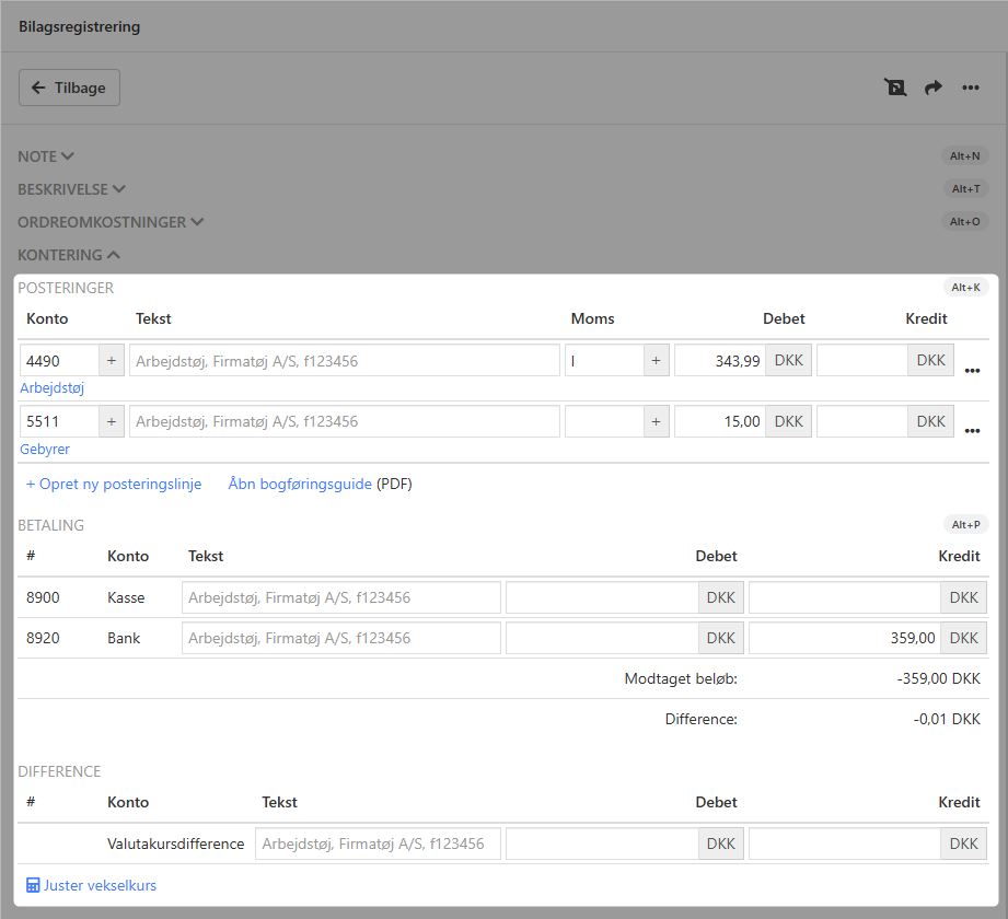 Her konteres bilaget i bilagsregistrering i Xena