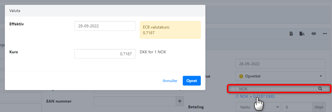 Sæt valuta på en ordre og ændre valutakursen i Xena