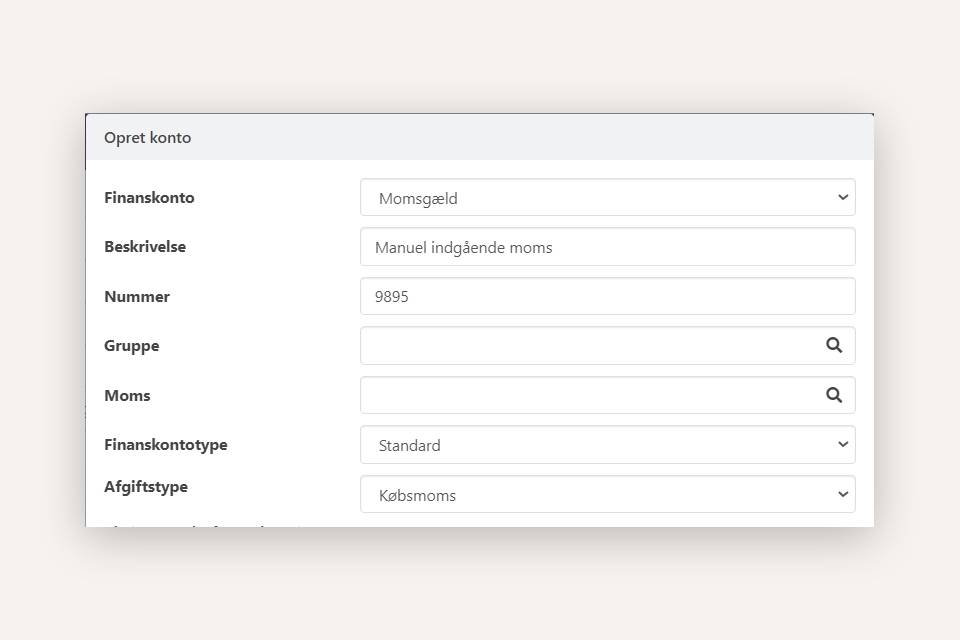 Oprettelse af finanskonto til bogføring af manuel moms i Xena