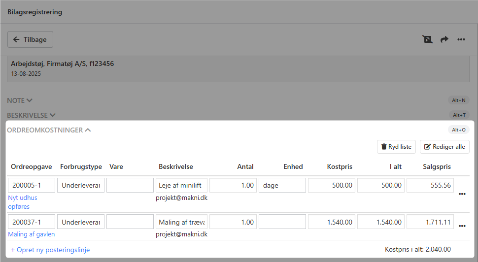 Her indtastes ordreomkostninger i bilagsregistrering i Xena