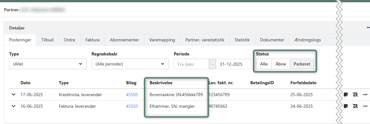 Beskrivelse of filter på partnerposteringer i Xena