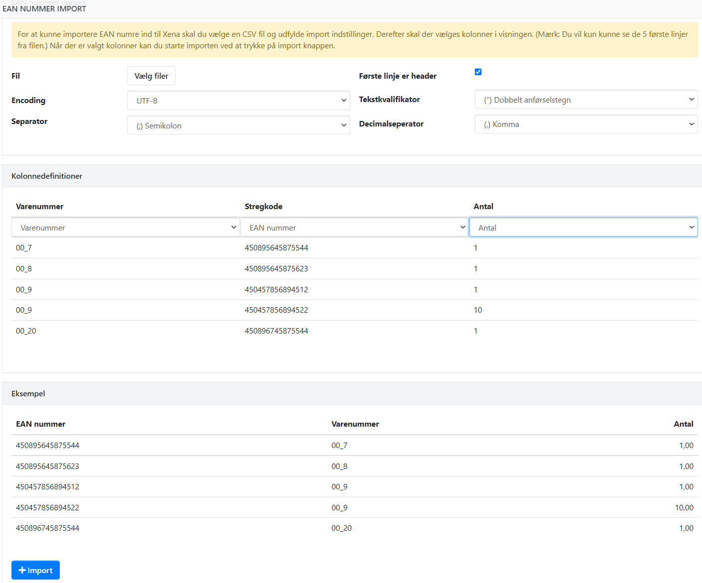 Importer stregkoder i Xena