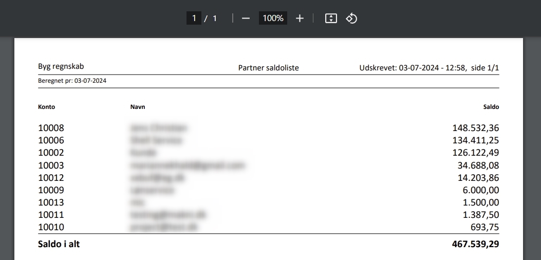 Nyt layout af rapporten Partner saldoliste i Xena