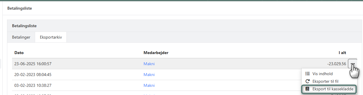 Overfør eksporterede betalinger til finanskladden i Xena
