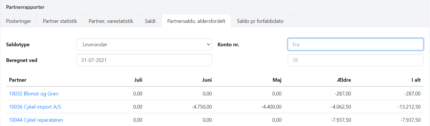 Udskriv partnersaldo aldersfordelt i Xena