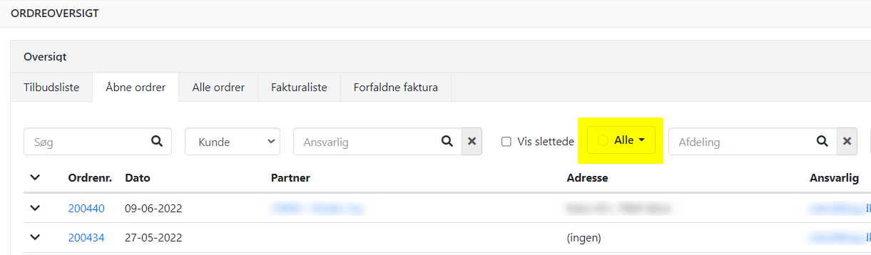 Se alle ordrer i Åbne ordrer oversigten