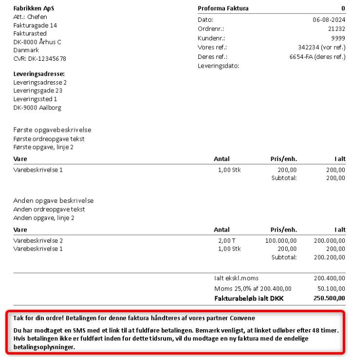 Fakturalayout med betalingsinstrukser til ConvenePay