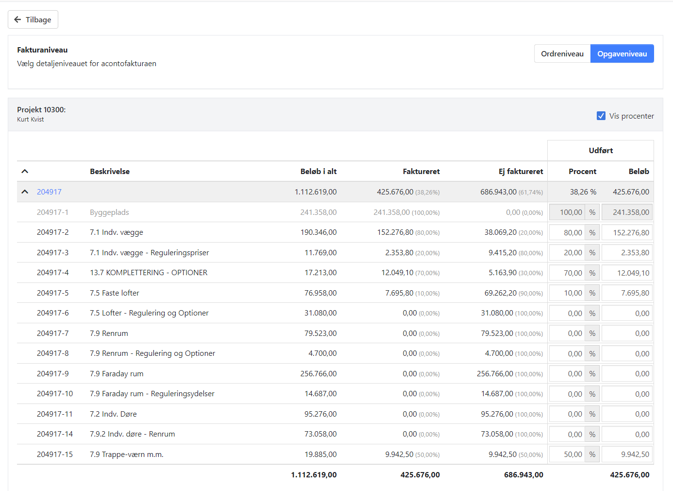 Acontofakturering i Xena hvor Udført i alt indtastes