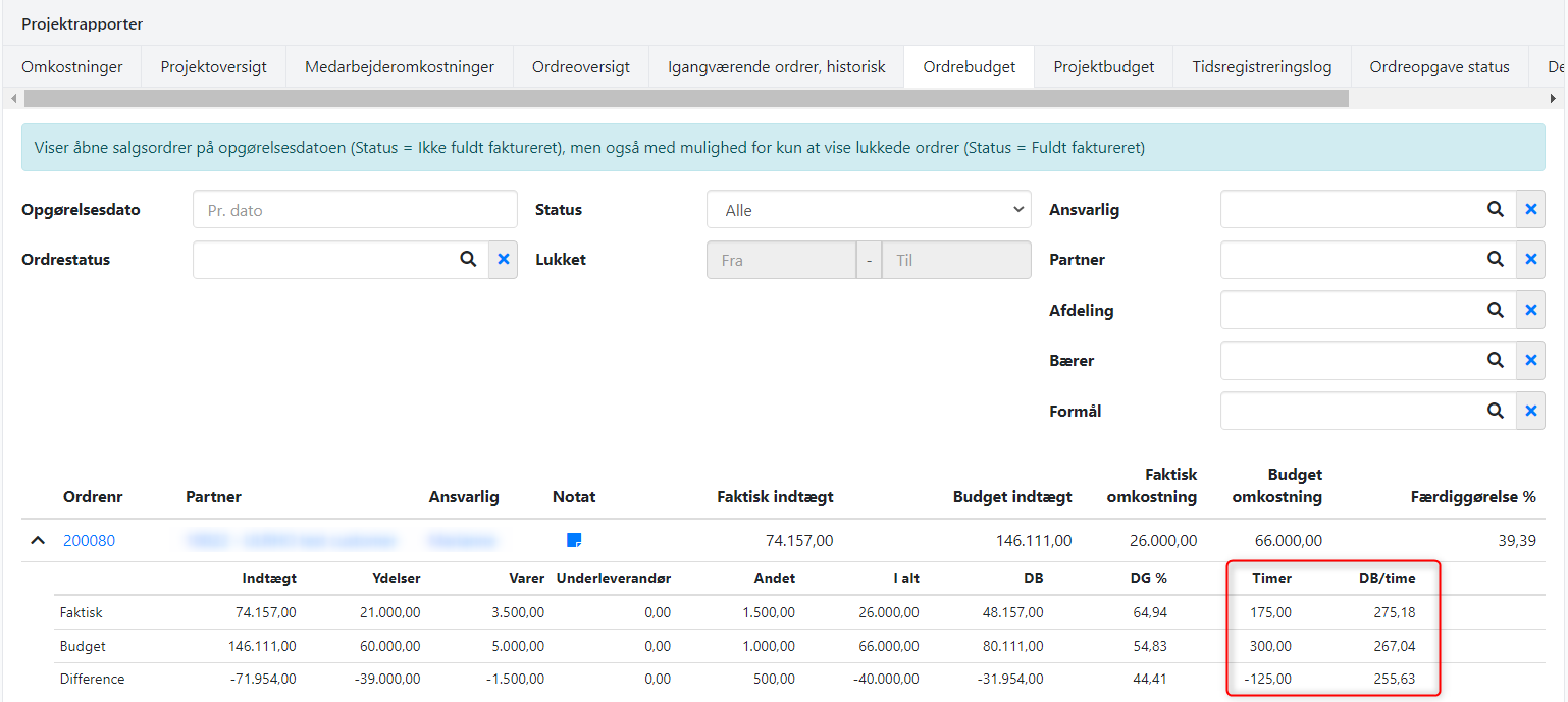 Timer og DB/timer tilføjet til projektrapport Ordrebudget