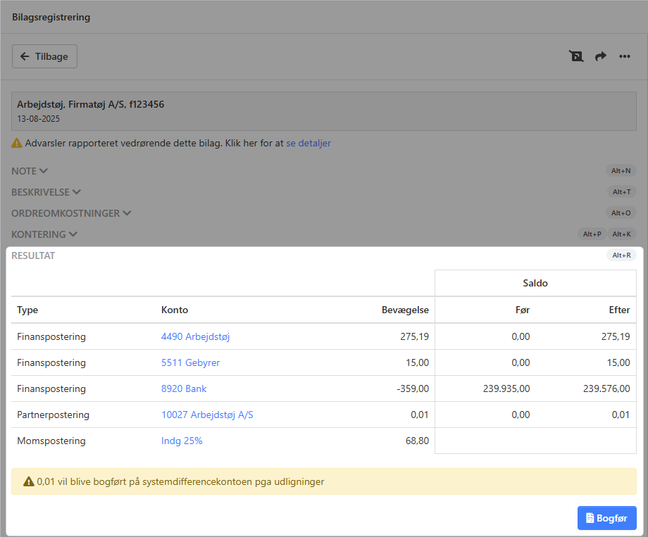 Her ses opsummering og evt advarsler på bilag i bilagsregistrering i Xena