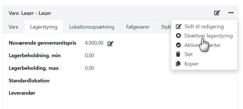 Deaktiver lagerstyring på vare i Xena