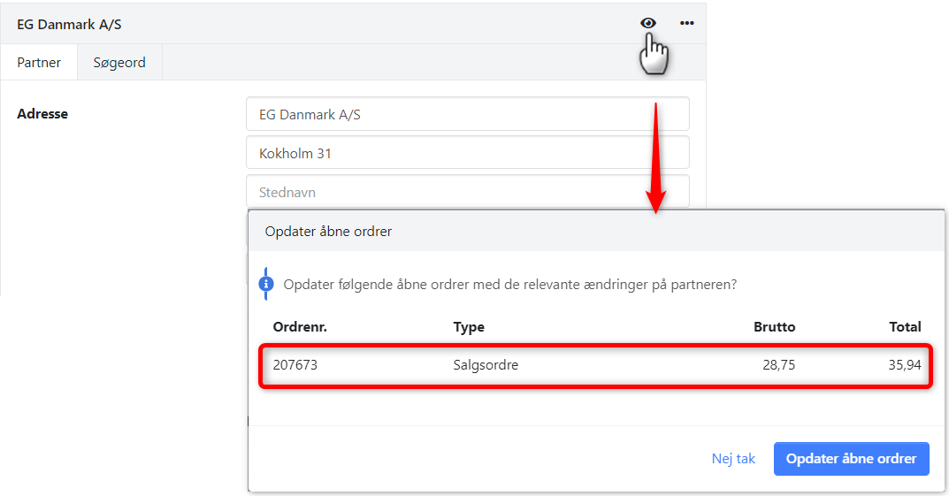 Opdater en partners navn/adresse på åbne ordrer i Xena