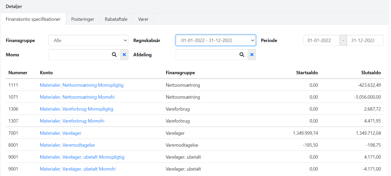 Her vises en finanskontospecifikation på en varegruppe i Xena