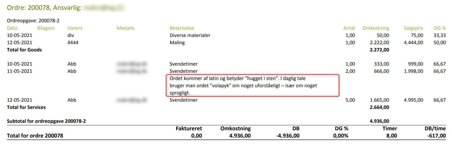 Noter udskrives på rapporten Ordreomkostninger i Xena