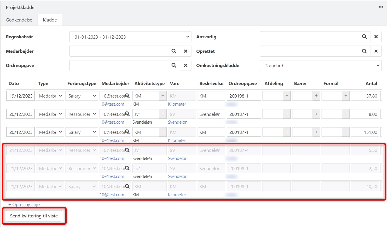 Funktion i projektkladde til at sende kvittering på tidsregistreringer i Xena