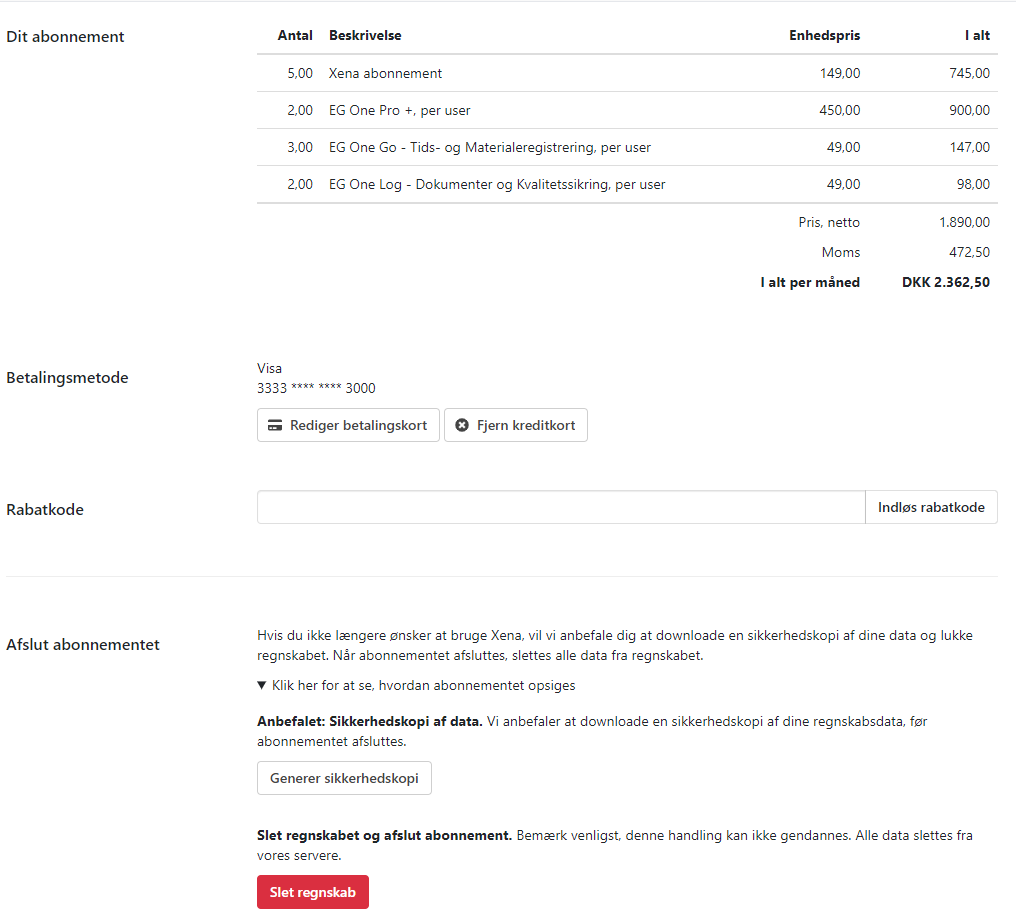 Oversigt over dit abonnement for dit regnskab i Xena