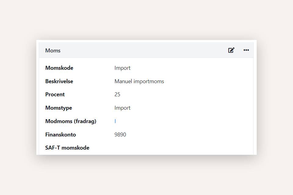 Opret momskode til bogføring af manuel importmoms i Xena