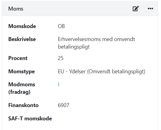 Momskode til bogføring af køb med omvendt betalingspligt i Xena