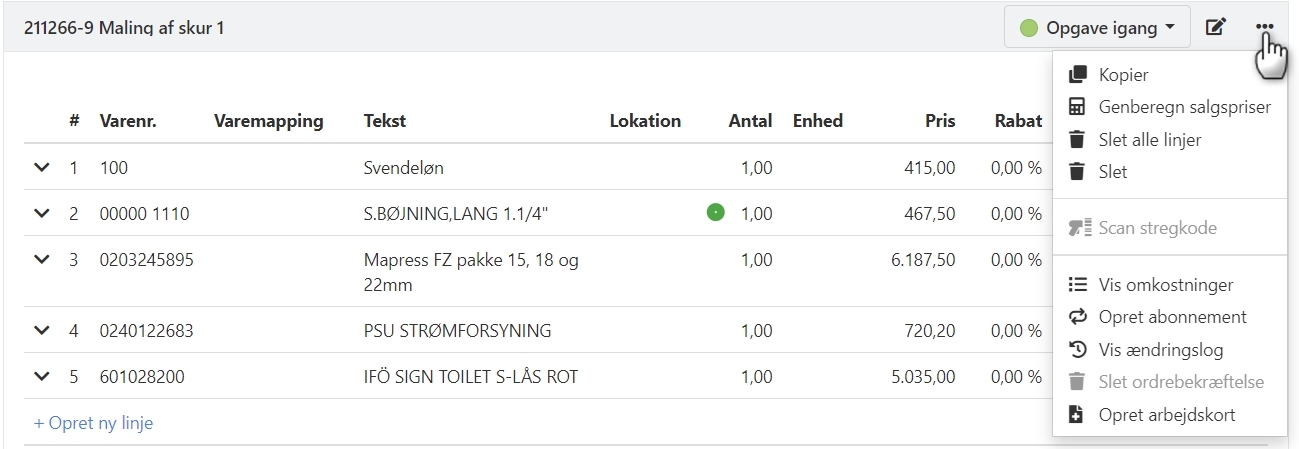 Menuen med de muligheder der findes på en opgave i Xena
