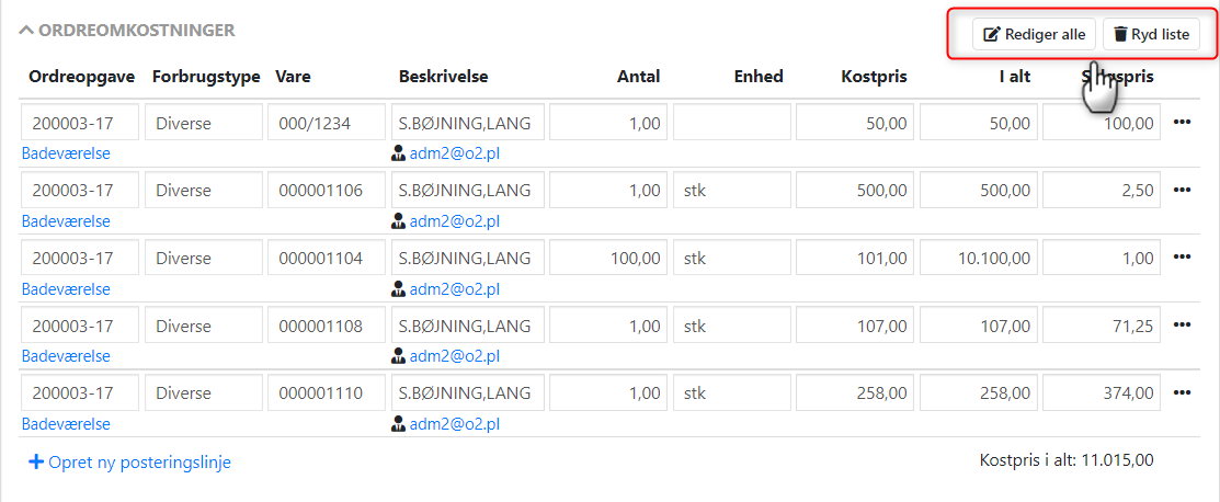 Bundtvis ændring af omkostninger i bilagsregistrering i Xena