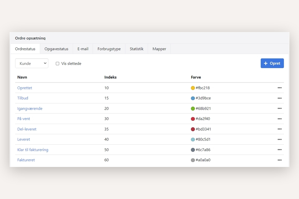 Opsætning af ordrestatustyper i Xena med farvekoder