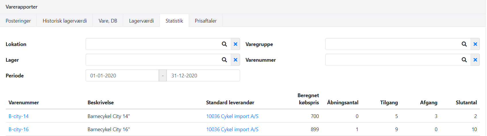 Udskriv rapporten Vare Statistik i Xena