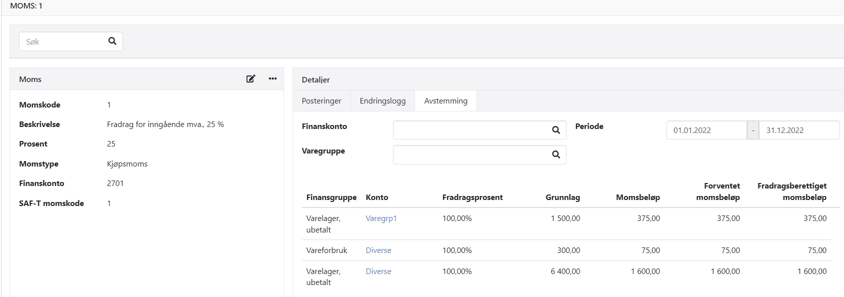 Detaljer for en norsk momskode i Xena