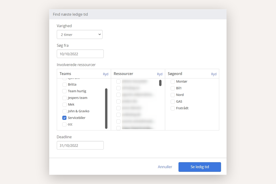Dialog til at søge efter næste ledige tid i kalenderen