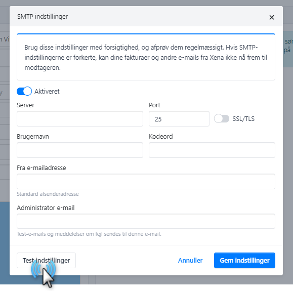 Deialogen "SMTP indstillinger"