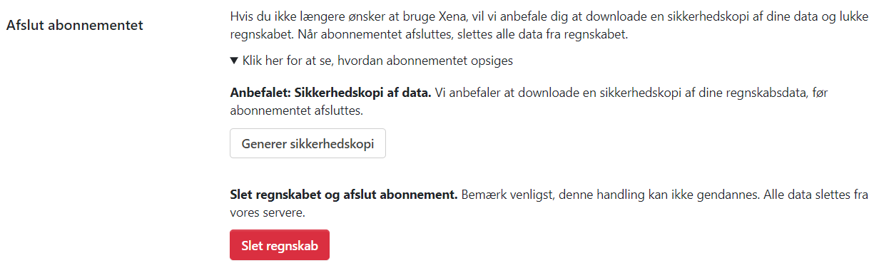 Afslut dit abonnement i Xena og slet regnskabet