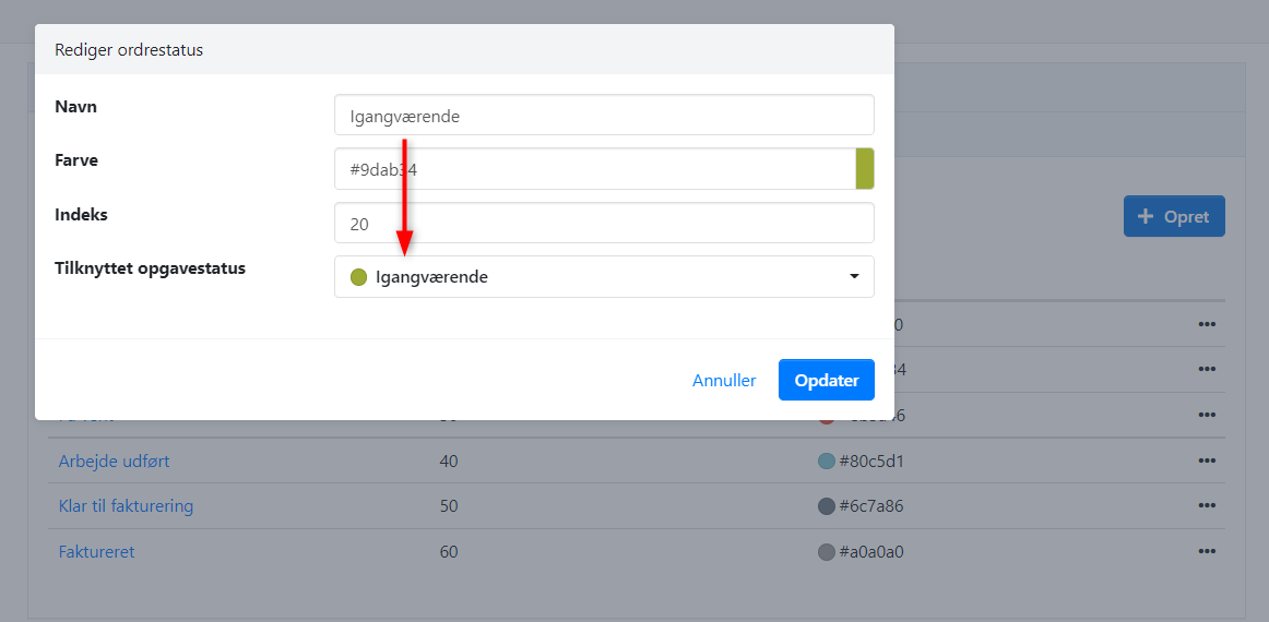 Sammenkobling af ordrestatus og opgavestatus