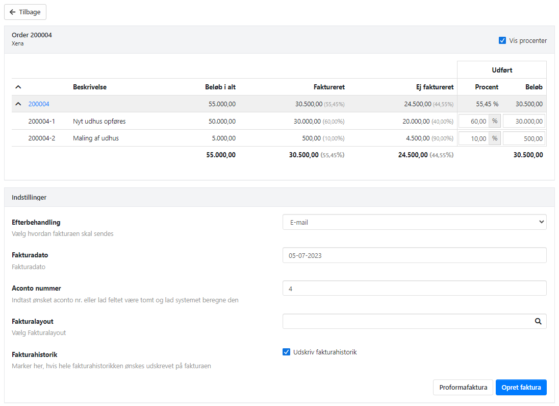 Det nye ordre acontofakturering i Xena